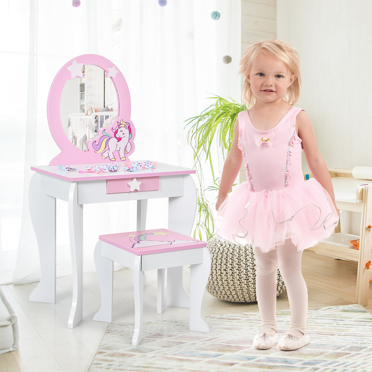 Kids Wooden Vanity Table and Chair Set with Mirror and Drawer
