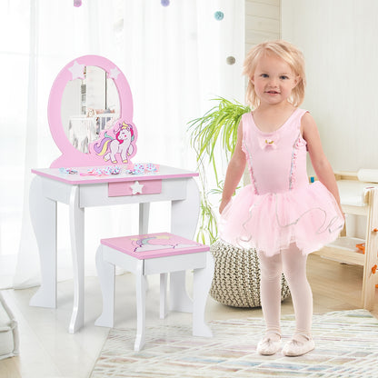 Kids Wooden Vanity Table and Chair Set with Mirror and Drawer