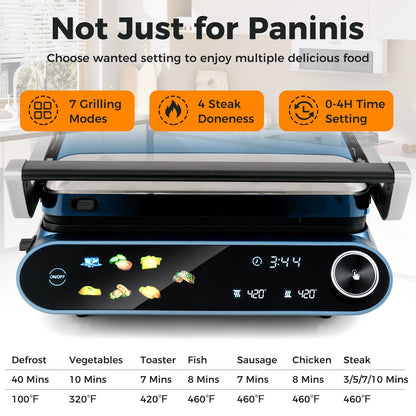 1200W Panini Press Grill with LED Display and 7 Grilling Modes-Blue