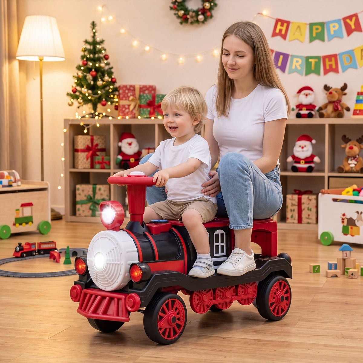 12V 2-Seater Ride on Toy with Train Whistle and Removable Chair