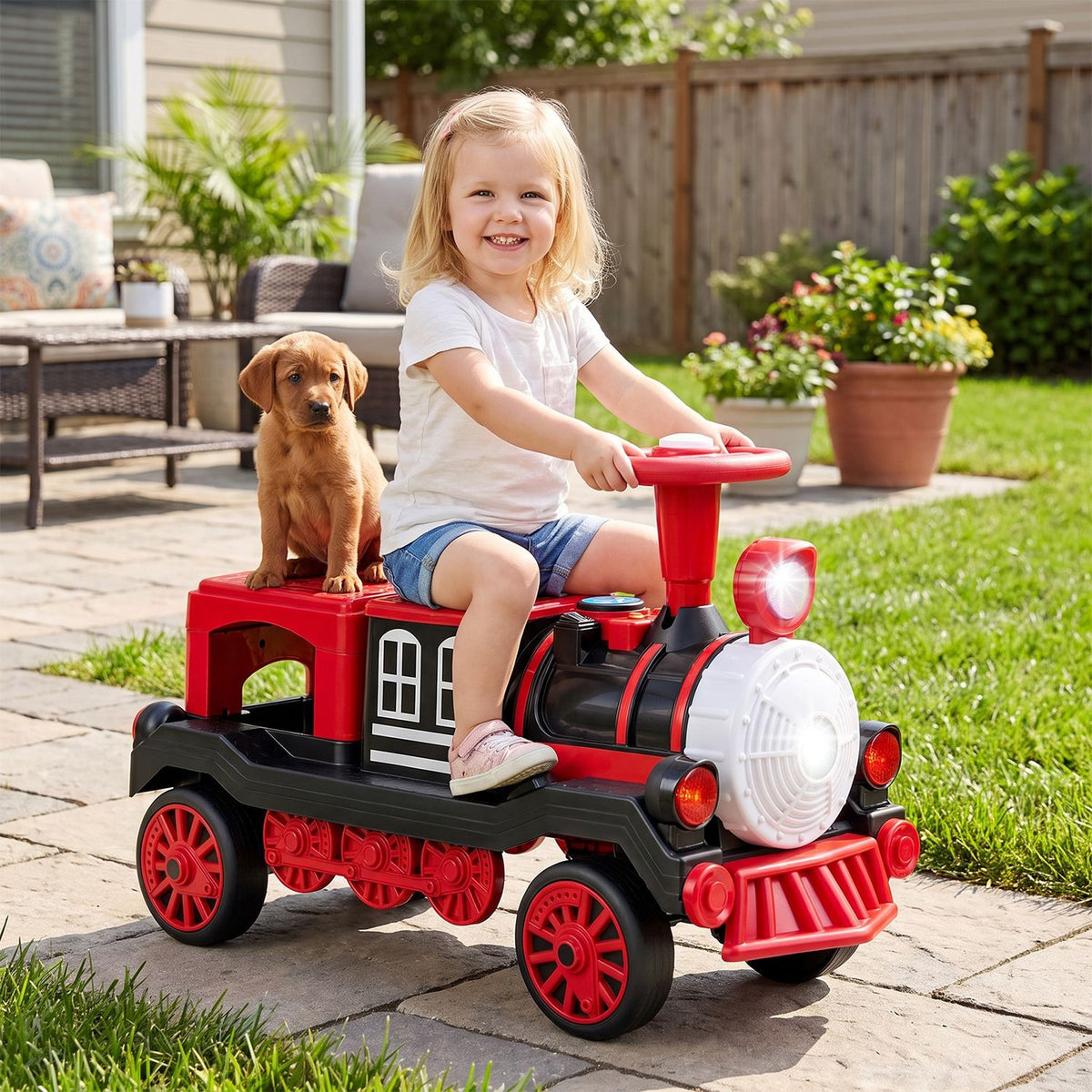 12V 2-Seater Ride on Toy with Train Whistle and Removable Chair
