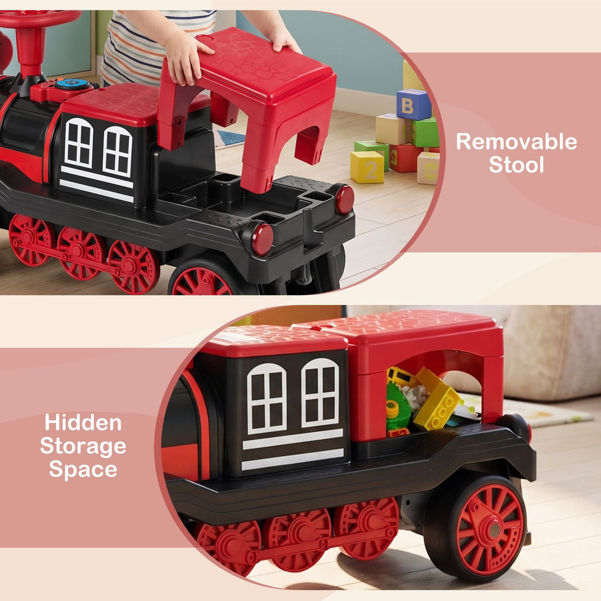 12V 2-Seater Ride on Toy with Train Whistle and Removable Chair