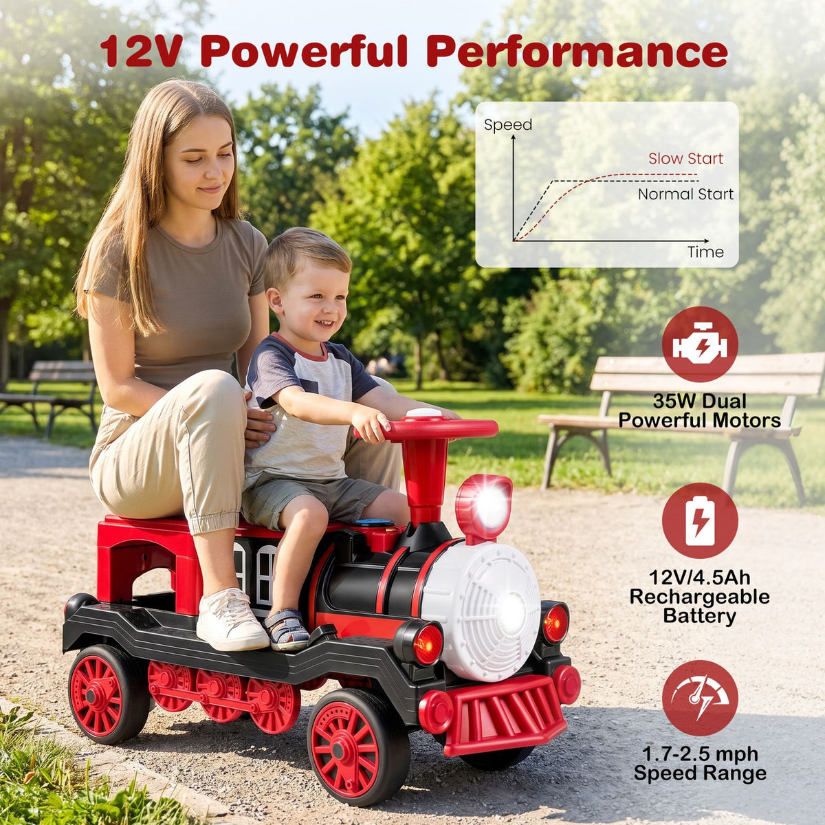 12V 2-Seater Ride on Toy with Train Whistle and Removable Chair