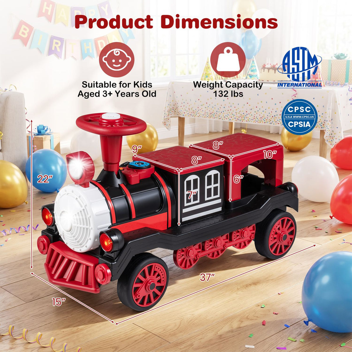 12V 2-Seater Ride on Toy with Train Whistle and Removable Chair