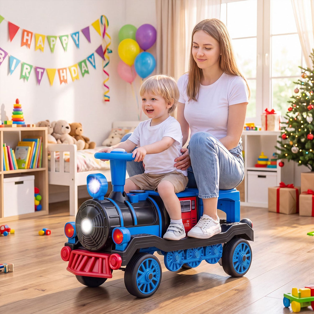 12V 2-Seater Ride on Toy with Train Whistle and Removable Chair
