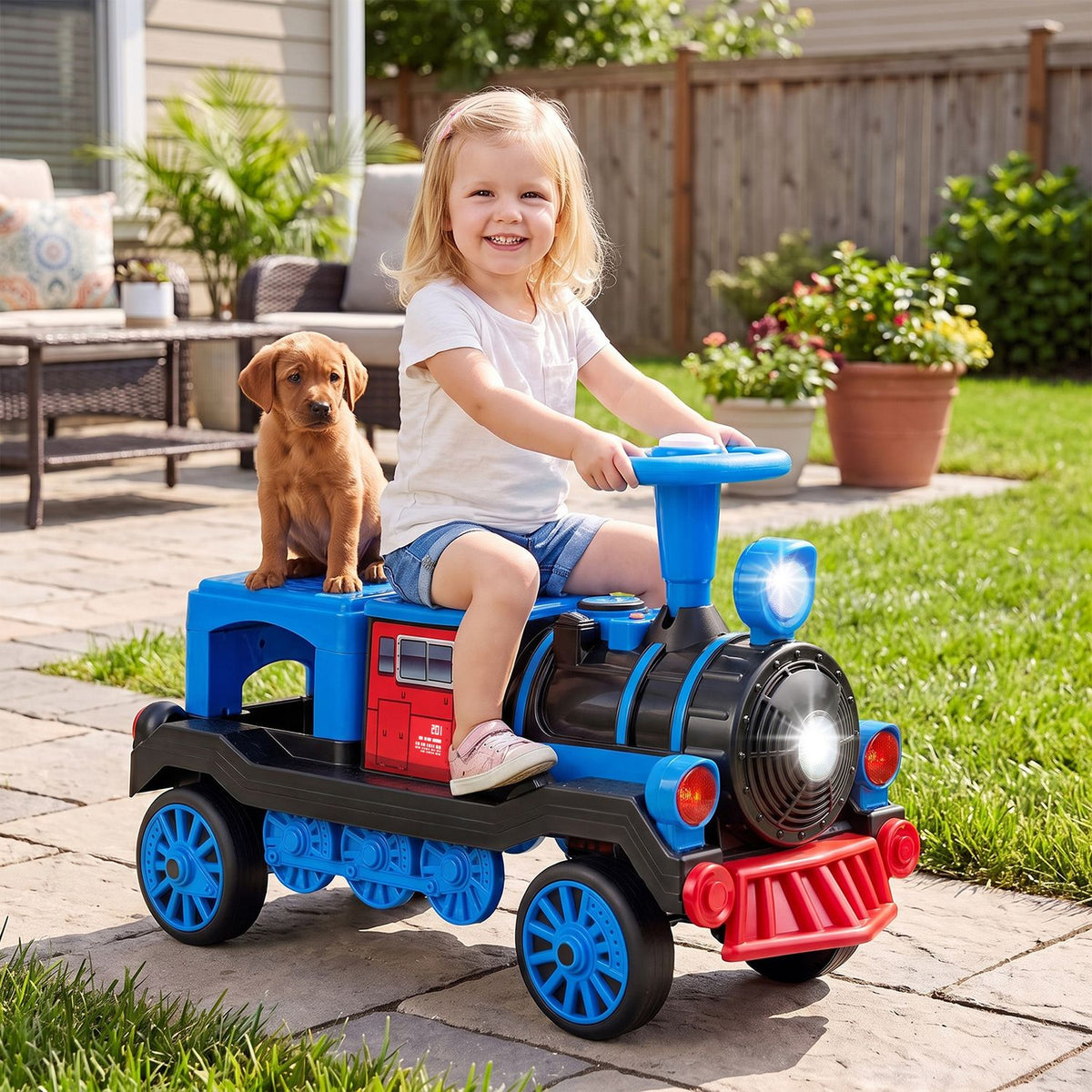 12V 2-Seater Ride on Toy with Train Whistle and Removable Chair