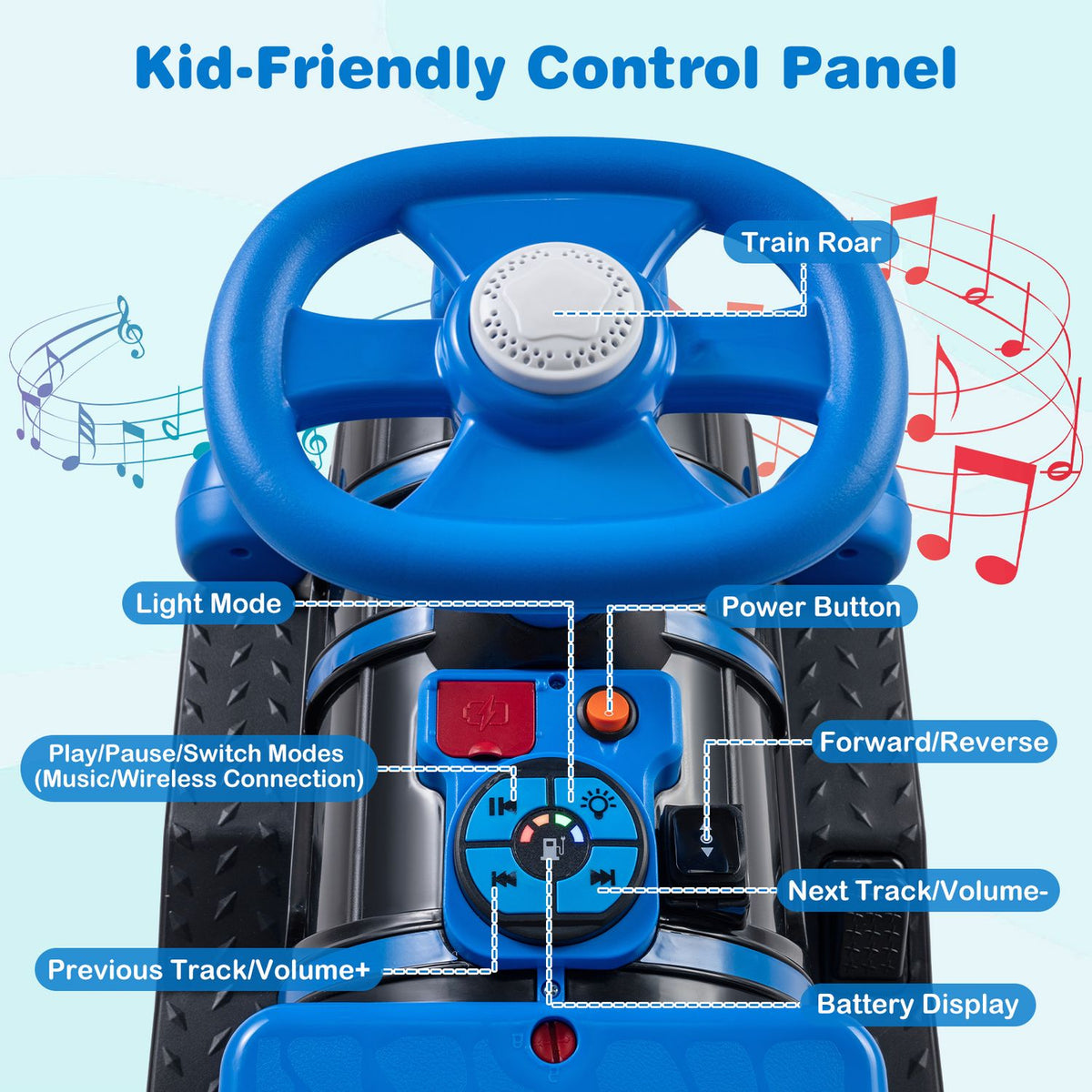 12V 2-Seater Ride on Toy with Train Whistle and Removable Chair