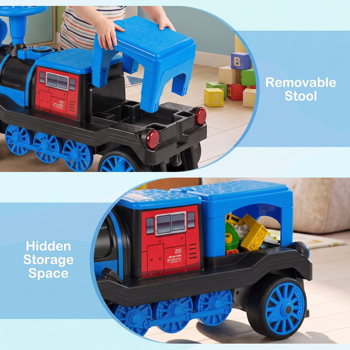 12V 2-Seater Ride on Toy with Train Whistle and Removable Chair