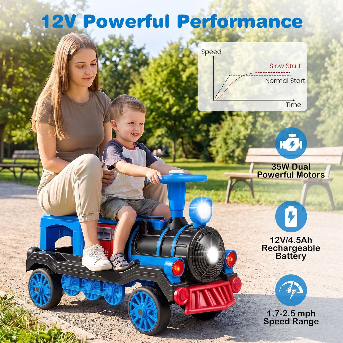 12V 2-Seater Ride on Toy with Train Whistle and Removable Chair