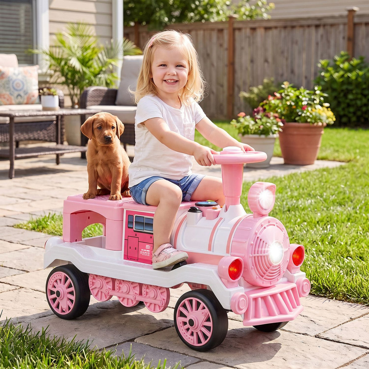 12V 2-Seater Ride on Toy with Train Whistle and Removable Chair