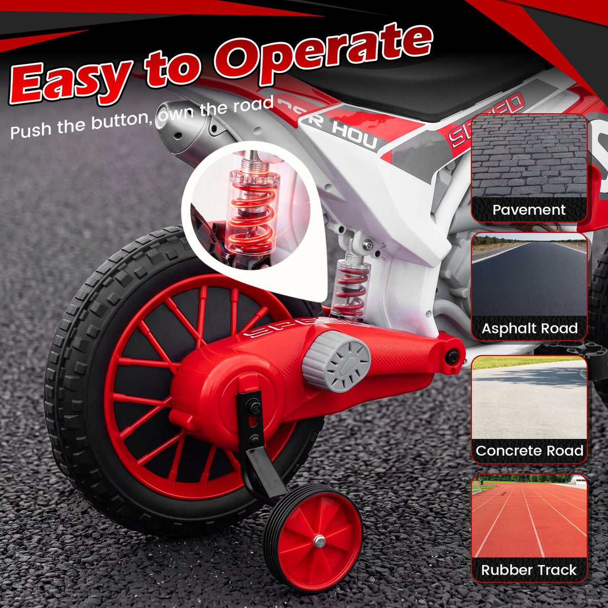 12V Kids Motorcycle with Training Wheels and Spring Suspension