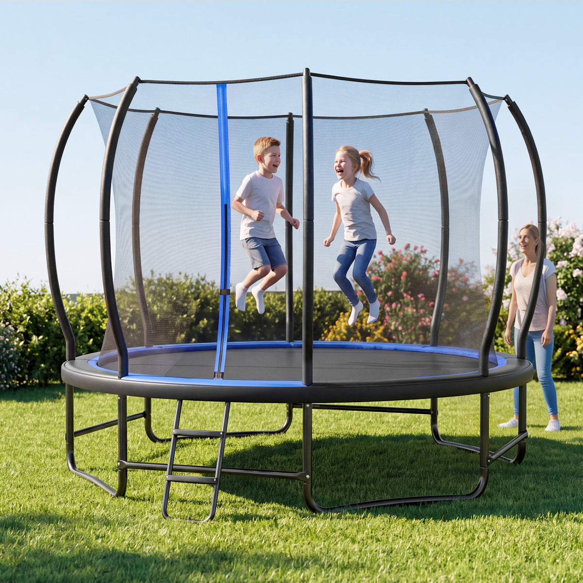 12 FT Outdoor Recreational Trampoline with Enclosure Net and 4 Stabilizer Bars for Backyard-Blue