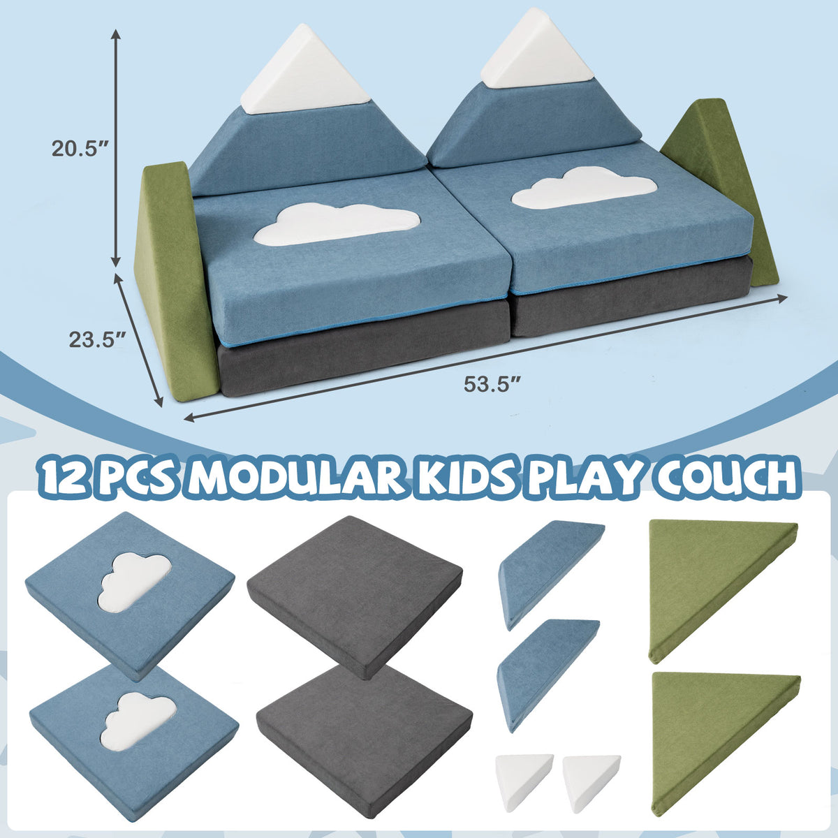 12-Piece Modular Kids Play Couch - Snow Mountain Theme