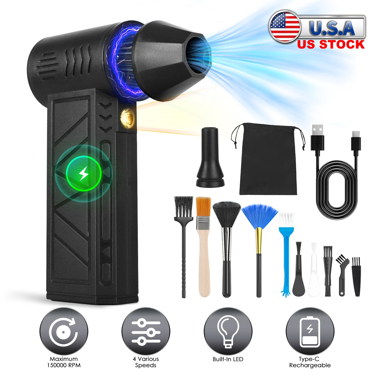 Compressed Air Duster with LED Light – 150000RPM Cordless
