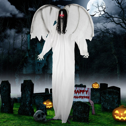 6.6 Feet Halloween Animatronic Standing Angel with Sound-Activated Light-up Eyes and Flapping Wings