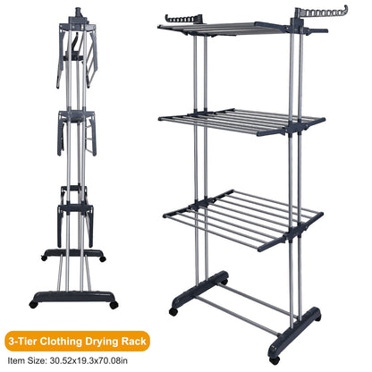 Clothes Drying Rack Rolling Collapsible Laundry Dryer Hanger Stand Rail ShelveWardrobe Clothing Drying Racks w/ Dual Side Wings