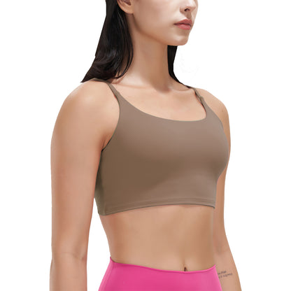Women Strap Sport Bras Padded Strappy Crop Square Neck Low Impact Bras Sexy Fitness Tank Tops with Removable Pads Flat Straps for Gym Yoga Workout Run