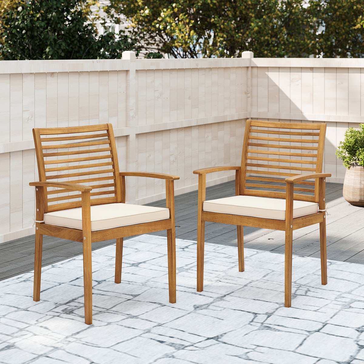 Acacia Wood Patio Dining Chairs Set of 2 with Cushions