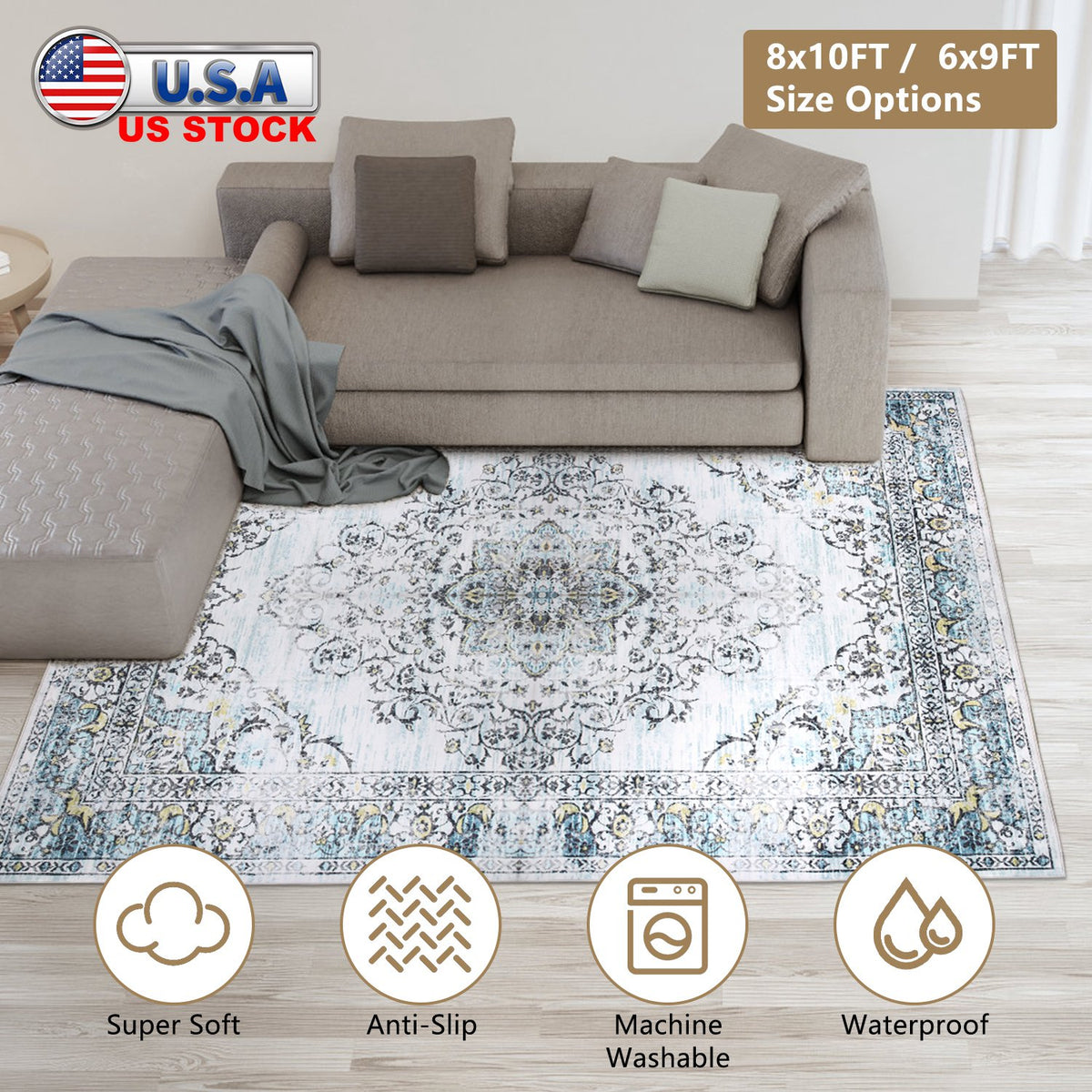 Vintage Area Rug 6x9 FT Non-Slip Washable Soft Faux Cashmere