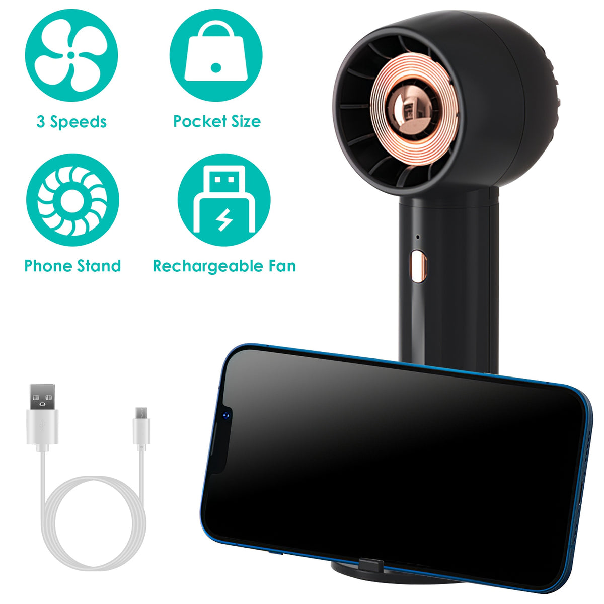 Rechargeable Handheld Fan with 3 Speeds & Phone Holder Base