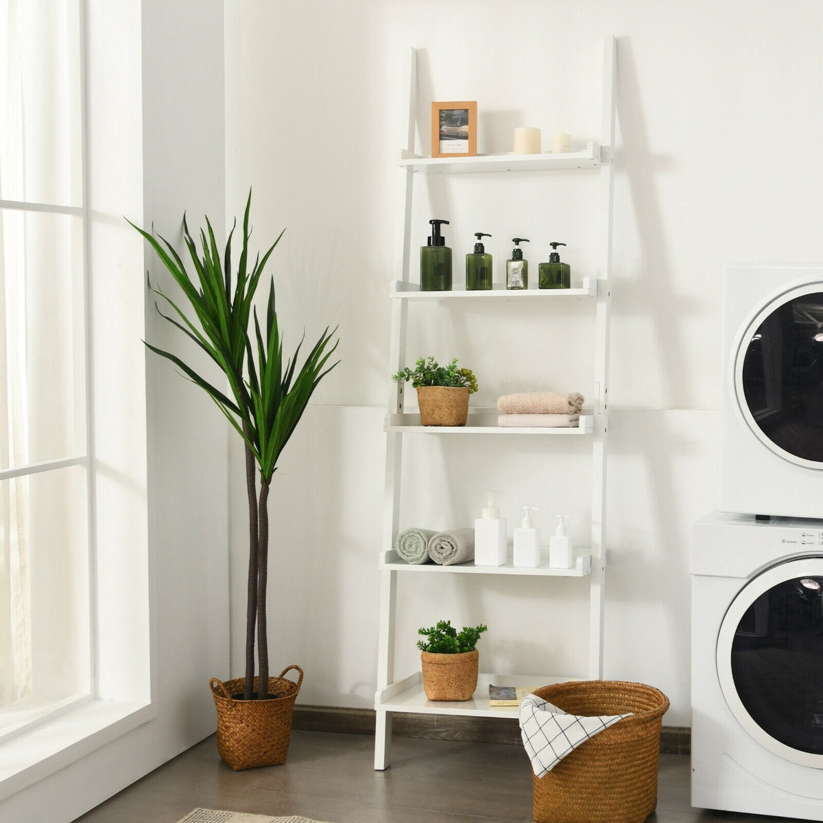5-Tier Wall-leaning Ladder Shelf Display Rack for Plants and Books