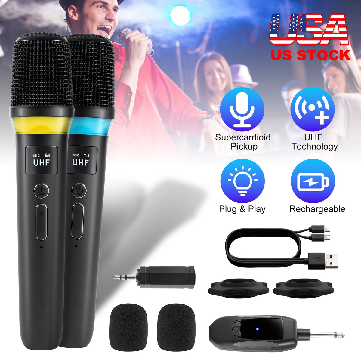 Wireless Microphone System with 164FT Range & RGB Lights