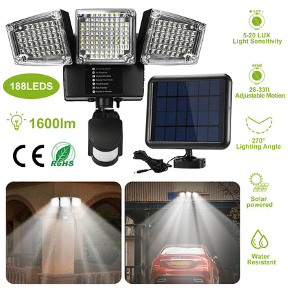 Solar Motion Sensor Light 188 LEDs 1600lm with 3 Rotatable Heads