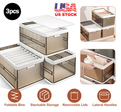 Foldable Storage Bins with Lids - 3 Pack Stackable Organizer