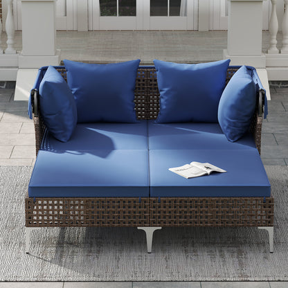 Outdoor Daybed with Retractable Canopy - PE Wicker Rattan