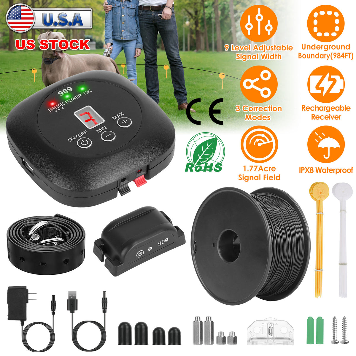 Underground Dog Fence System with Waterproof Rechargeable Collar