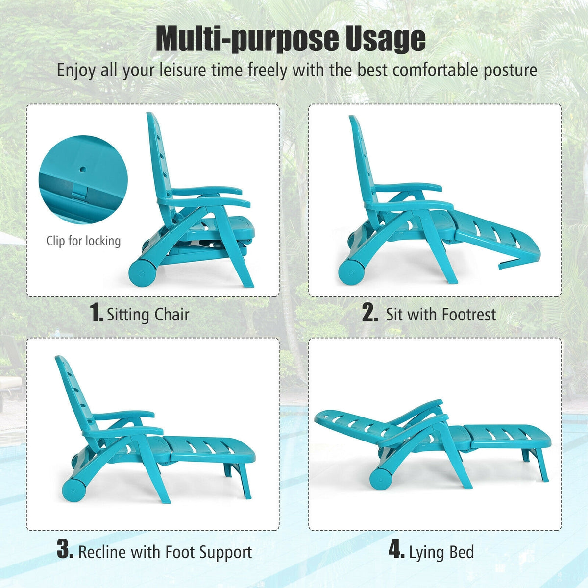 Adjustable Folding Chaise Lounge Chair with Wheels