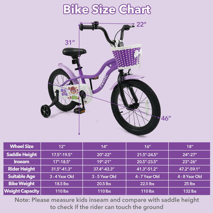Kids Bike with Training Wheels 12-18 Inch - Purple