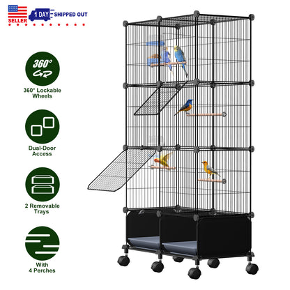 46in Bird Cage with Wooden Perches and Lockable Wheels
