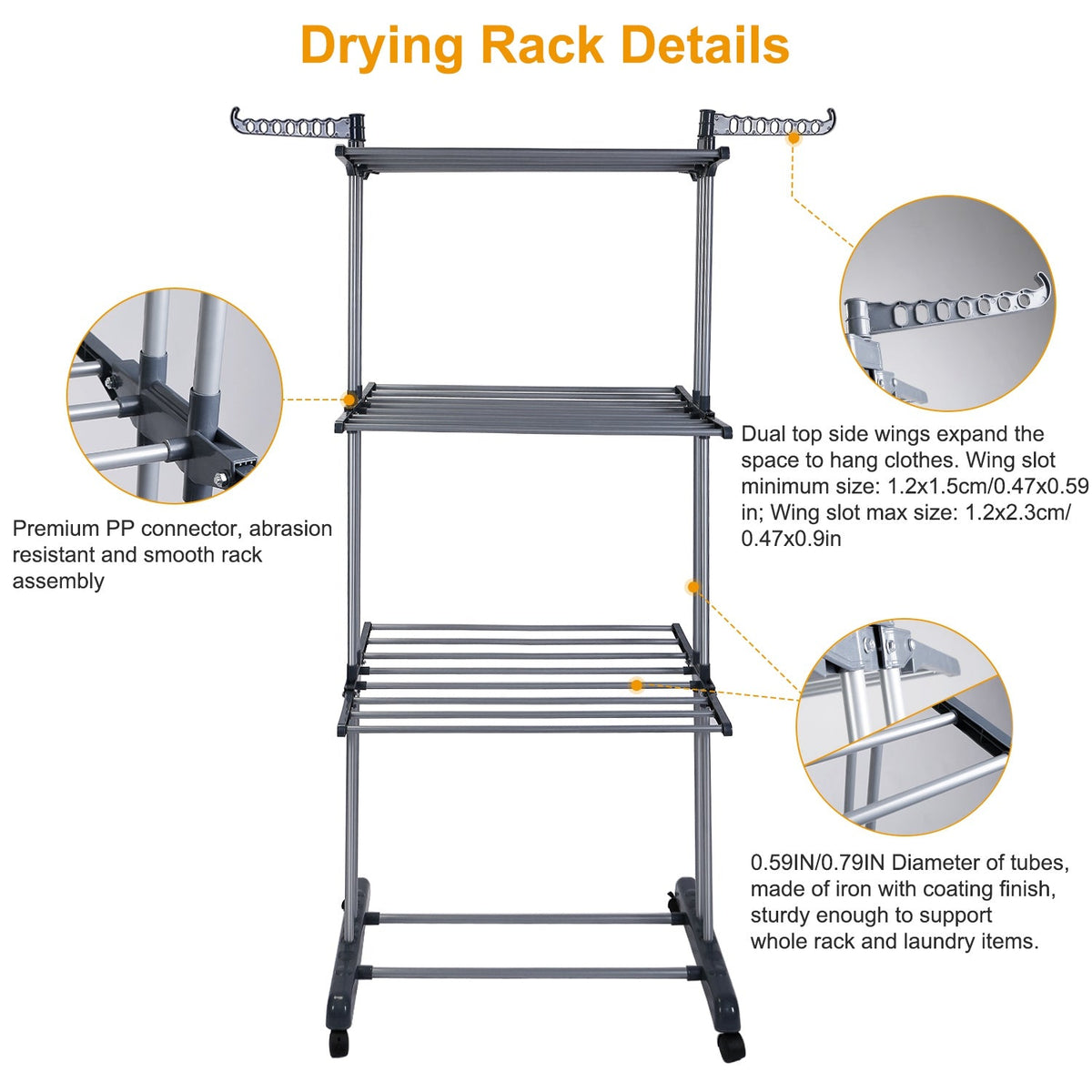 Clothes Drying Rack Rolling Collapsible Laundry Dryer Hanger Stand Rail ShelveWardrobe Clothing Drying Racks w/ Dual Side Wings