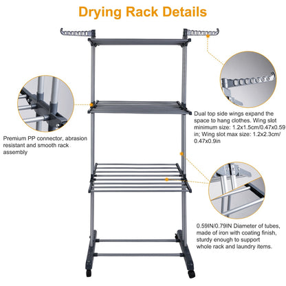Clothes Drying Rack Rolling Collapsible Laundry Dryer Hanger Stand Rail ShelveWardrobe Clothing Drying Racks w/ Dual Side Wings