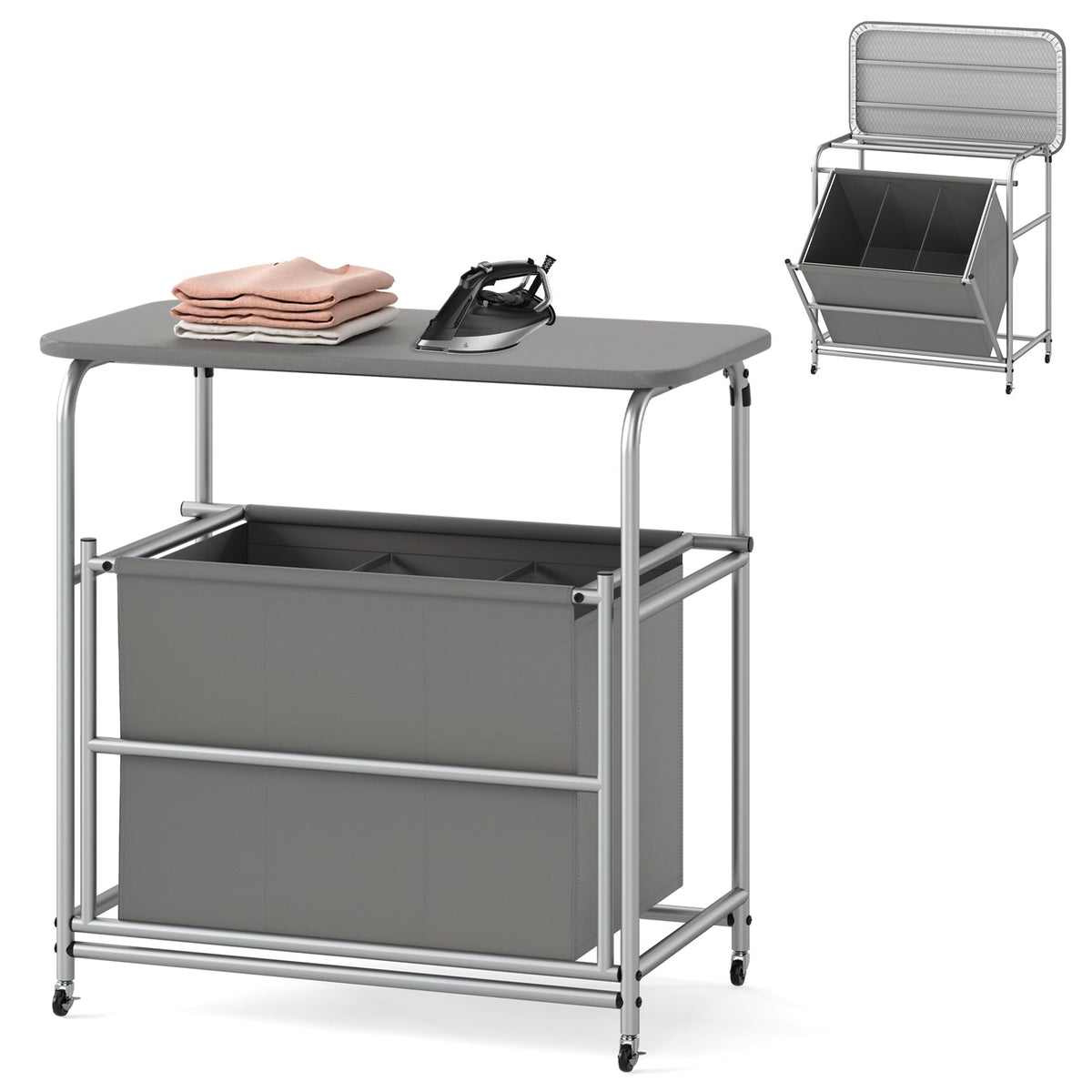 3-Section Laundry Sorter with Foldable Ironing Board and Lockable Wheels-Gray