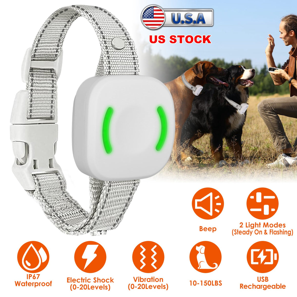IP67 Waterproof Electric Dog Training Collar Rechargeable Dog Receiver with Light Beep Vibration Shock Fit for All Dogs 