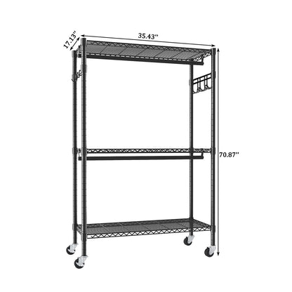 Rolling Clothes Rack with 3 Shelves, 2 Rods & Wheels