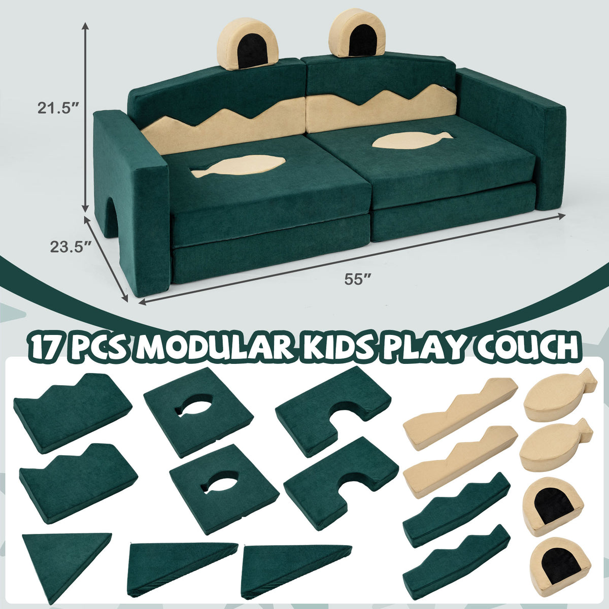 17-Piece Modular Kids Play Couch with Washable Cover