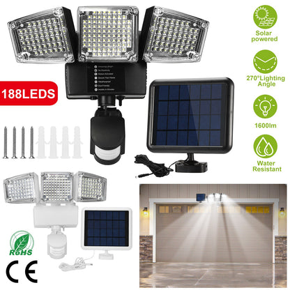 Solar Motion Sensor Light 188 LEDs 1600lm with 3 Rotatable Heads