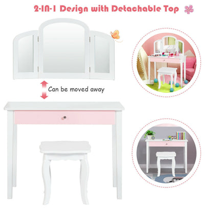 Kids Vanity Table with Tri-Fold Mirror and Chair Set