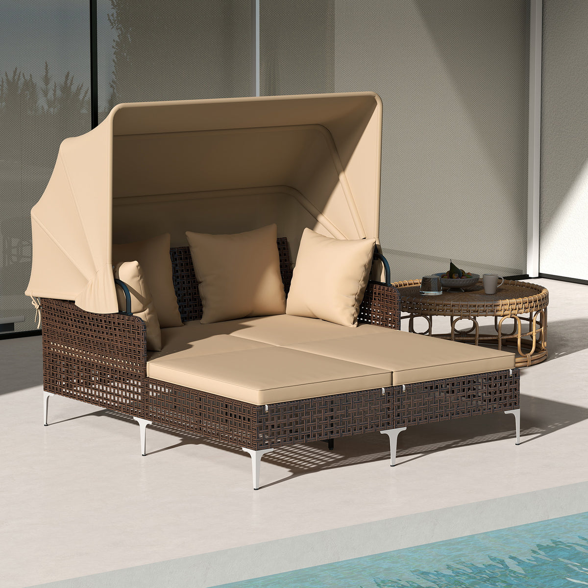 Outdoor Daybed with Retractable Canopy - PE Wicker Rattan
