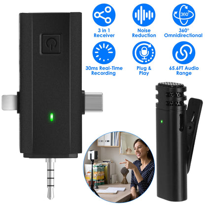Wireless Clip-On Microphone with 3-in-1 Receiver