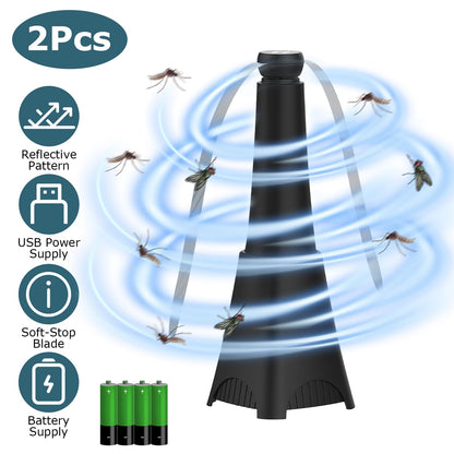 2 Pack Portable Reflective Fly Repellent Fan Rechargeable Battery Powered Table Food Fly Trap with Pattern Soft-Stop Blade Hanging Hook Indoor Outdoor