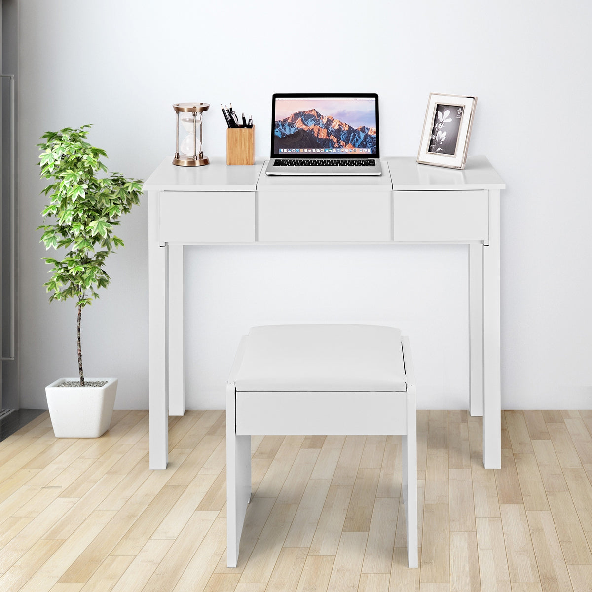 Makeup Vanity Table Set with Flip Top Mirror and Cushioned Stool