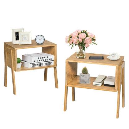 2 Pieces Bamboo Nightstand Sofa Table with Storage Shelf