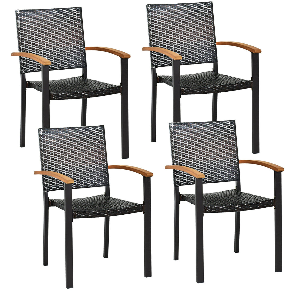 Outdoor Patio Dining Chairs Set of 4 with Rattan & Acacia Wood