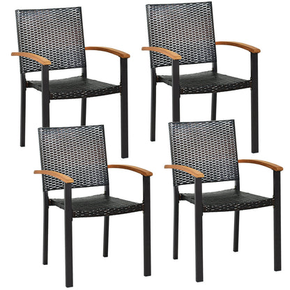 Outdoor Patio Dining Chairs Set of 4 with Rattan & Acacia Wood