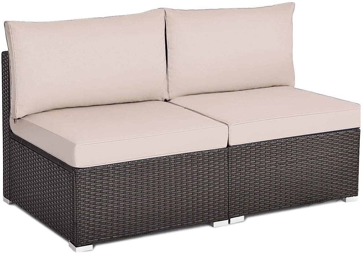 2 Pieces Patio Rattan Armless Sofa Set with 2 Cushions and 2 Pillows