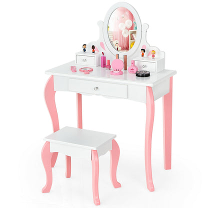 Kids Vanity Table Set with Mirror, Drawer & Stool - Pink